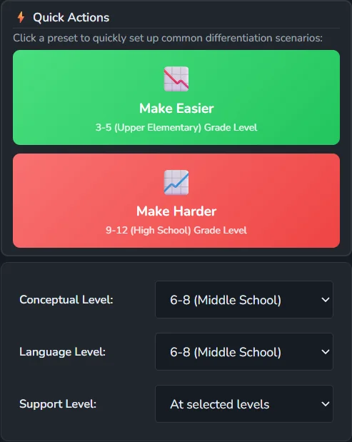 Stacked Make Easier and Make Harder options with conceptual, language, and support level settings
