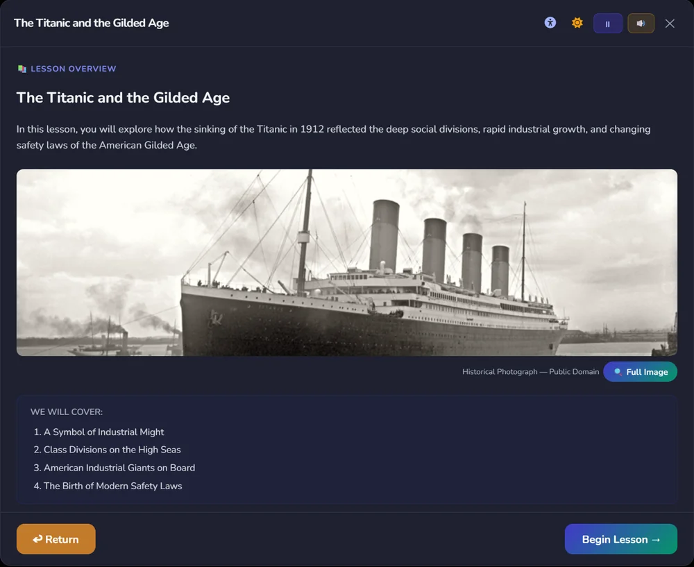 Differentiated Titanic lesson overview with a historical photograph and topics covered