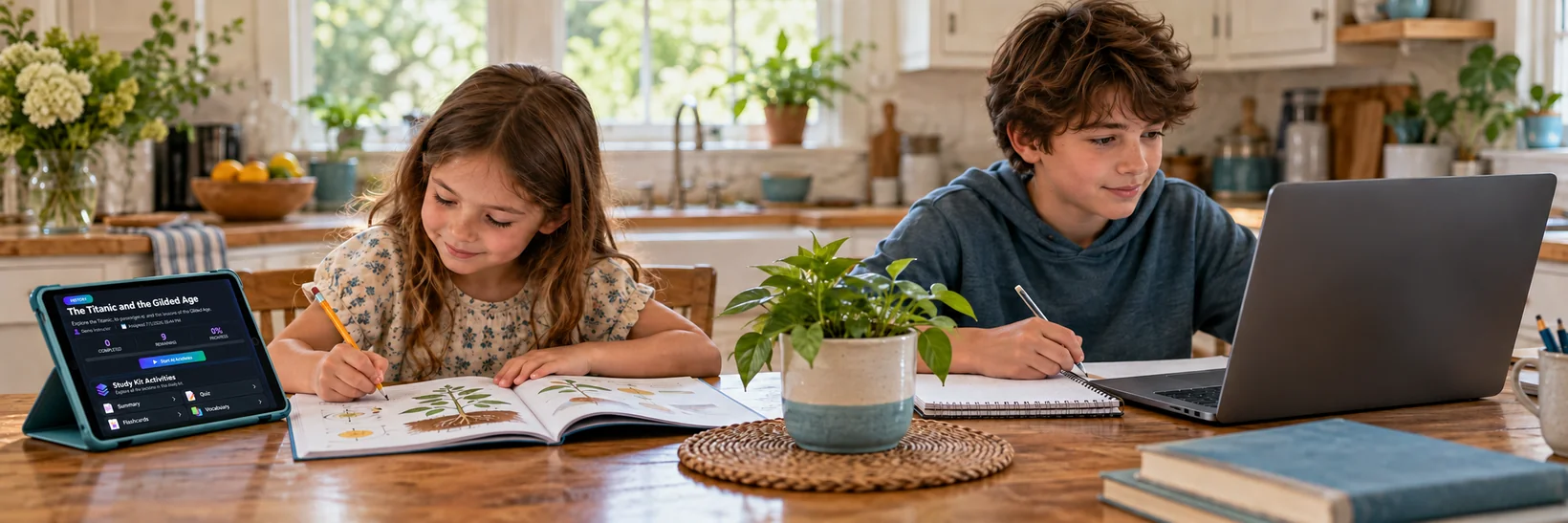 Two siblings of different ages learning at a kitchen table, with a Pixlearn Study Kit on a tablet and lesson materials.