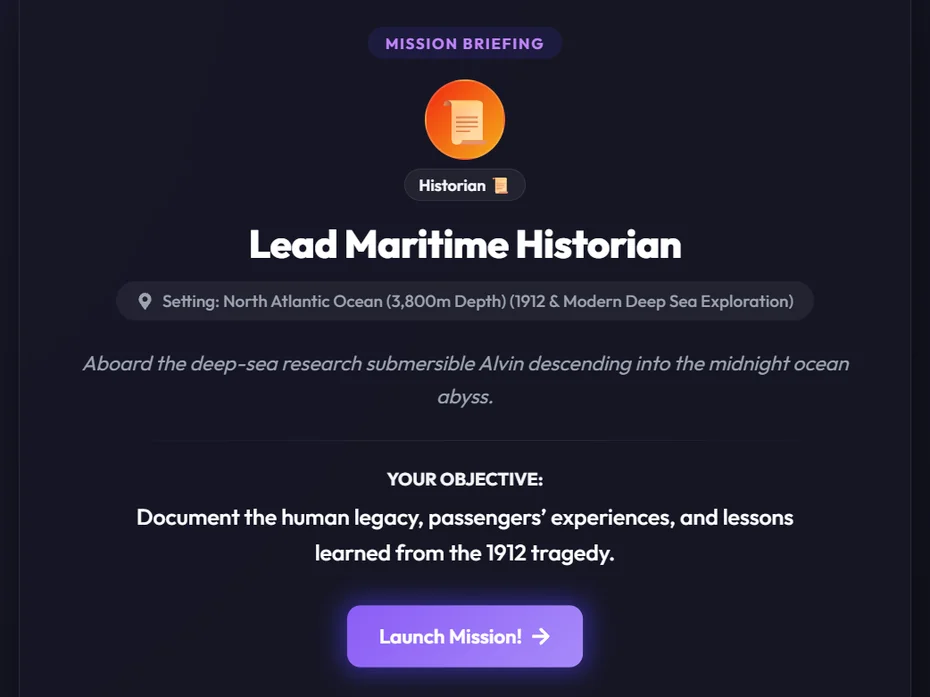 Mission Journey briefing: Lead Maritime Historian, with a North Atlantic setting, mission objective, and Launch Mission button