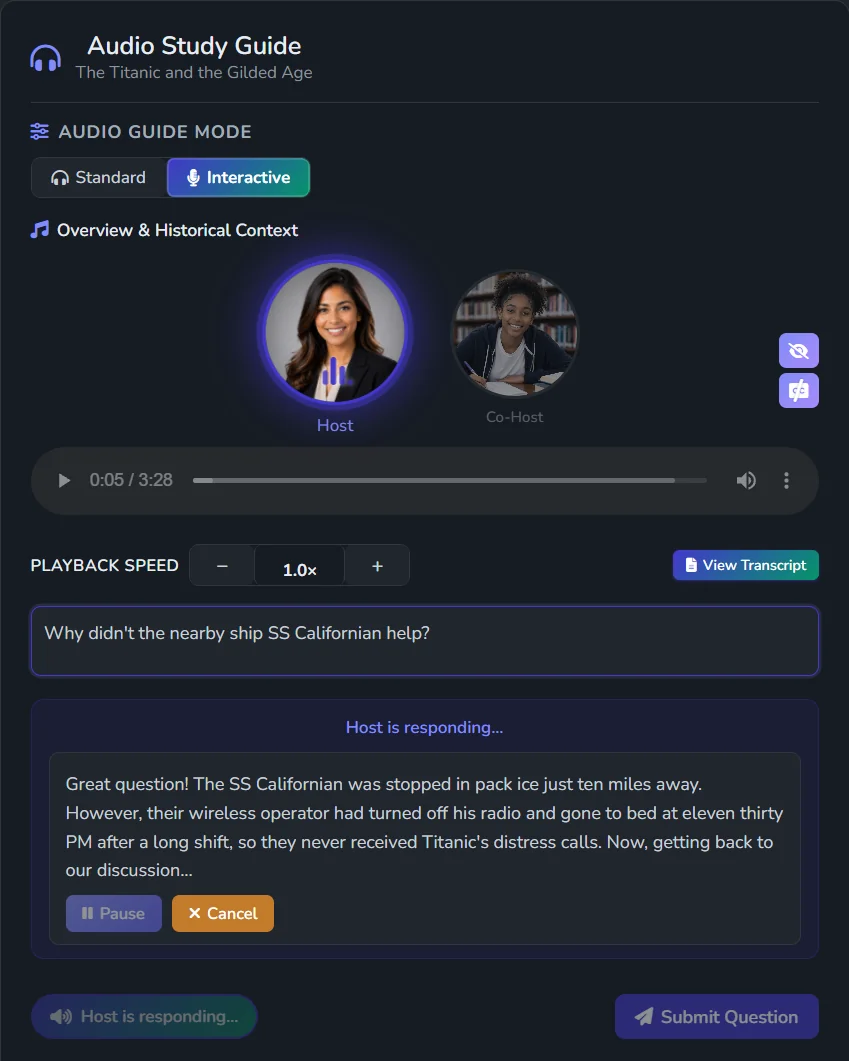 Interactive audio study guide with hosts, playback controls, and a student question answered by the host