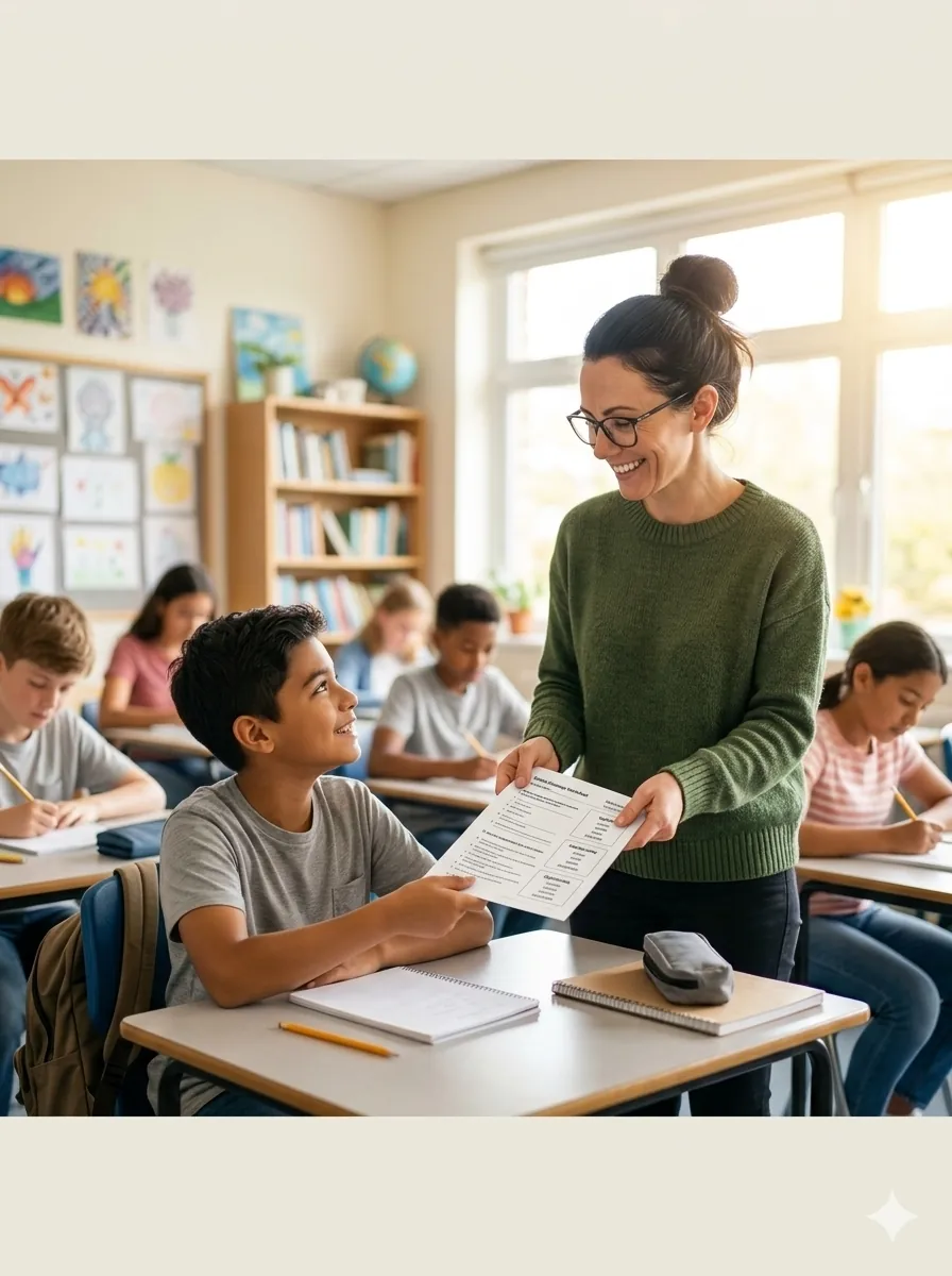 Teacher supporting a student with classroom learning materials while other students work nearby