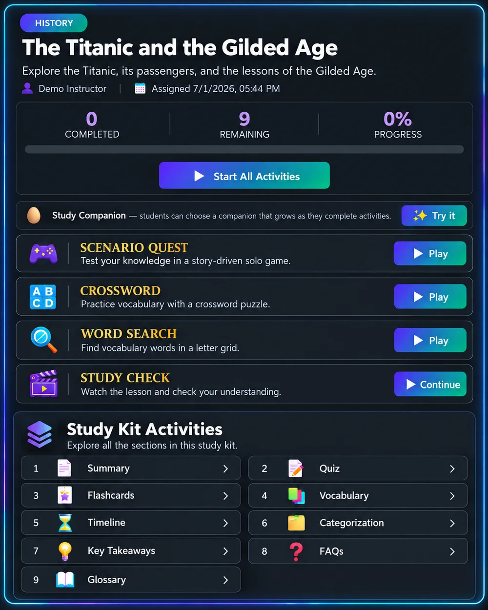 Interactive study kit preview with lesson progress, a study companion, games, and nine study activities